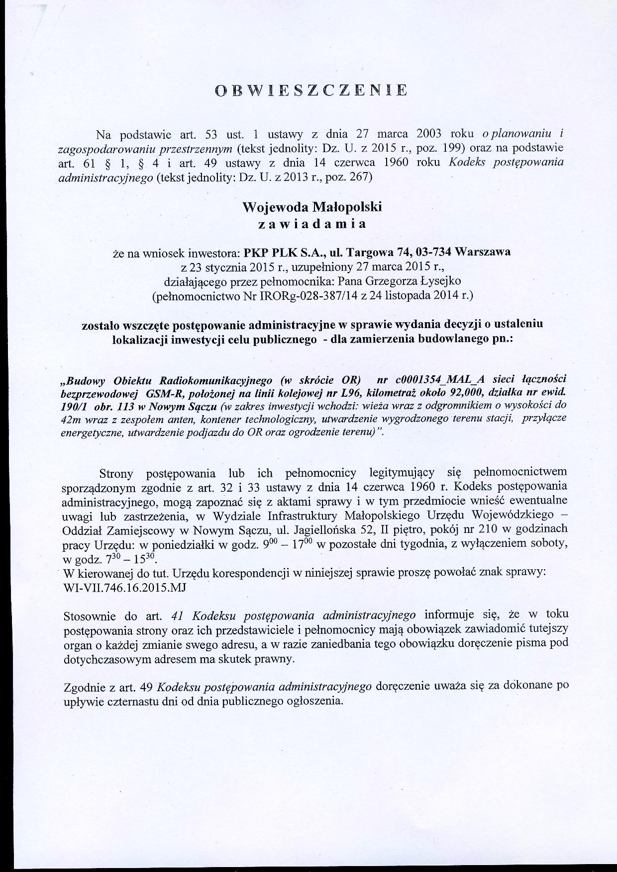 obwieszczenie Wojewody Małopolskiego