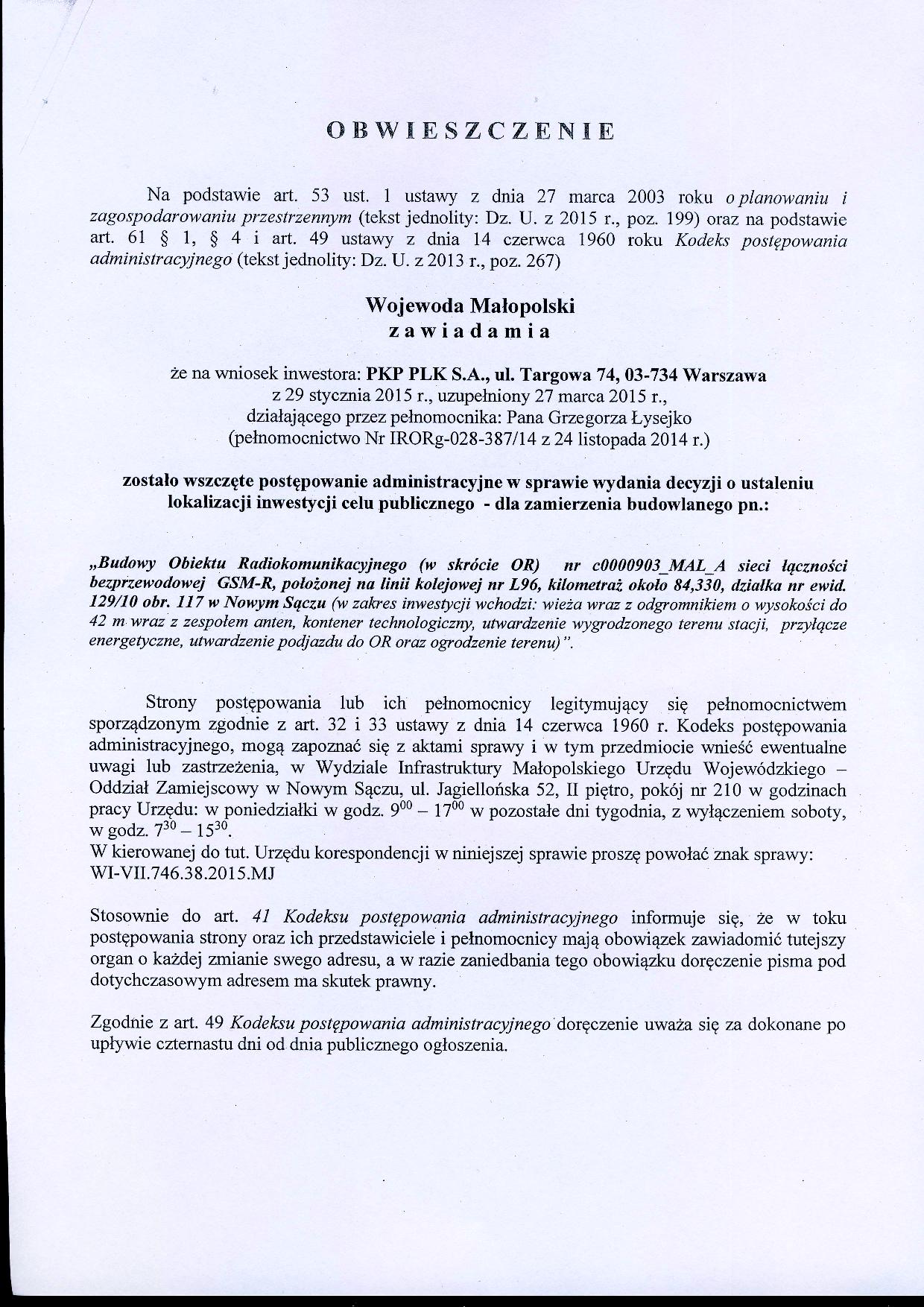 Obwieszczenie Wojewody Małopolskiego