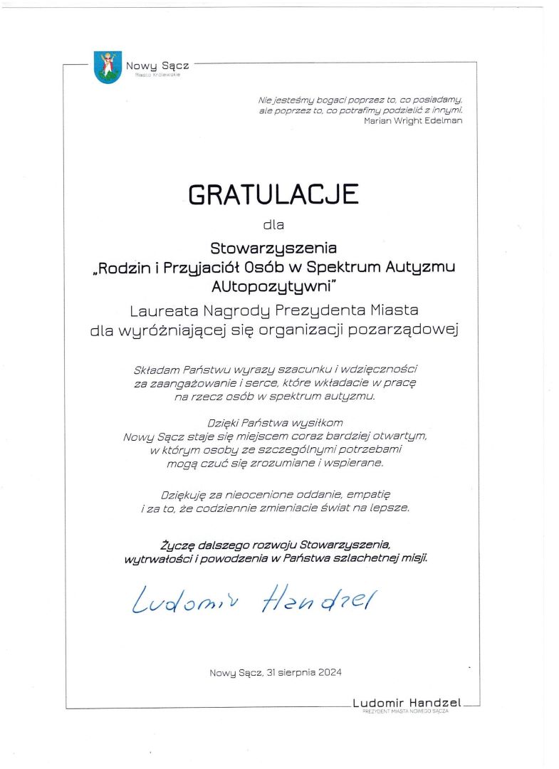 gratulacje dla Stowarzyszenia „Rodzin i Przyjaciół Osób w Spektrum Autyzmu AUtopozytywni”