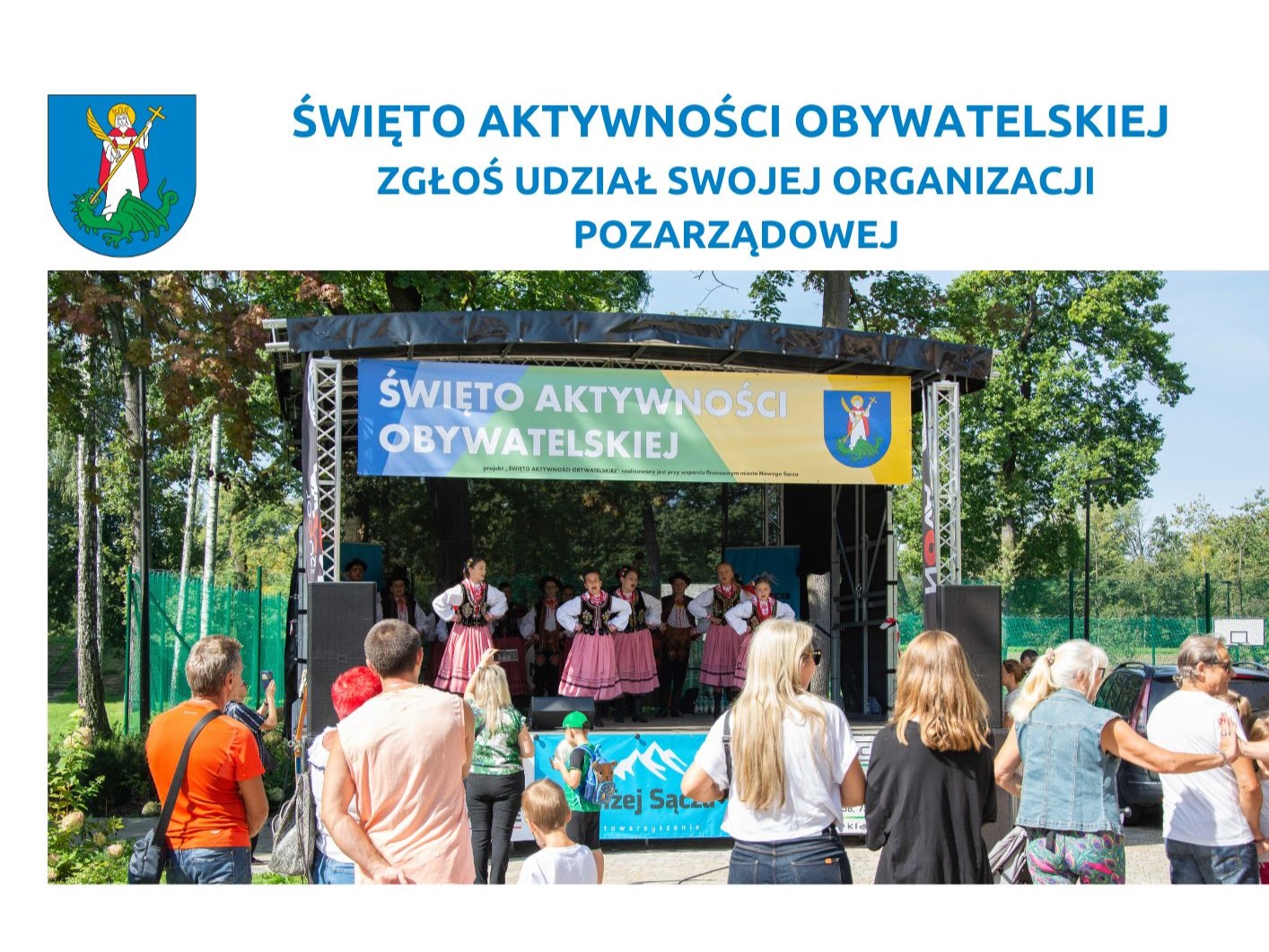 Herb miasta Nowego Sącza, napis Święto Aktywności Obywatelskiej oraz grafika z osobami stojącymi przed sceną