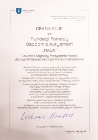 list gratulacyjny dla Fundacji MADA