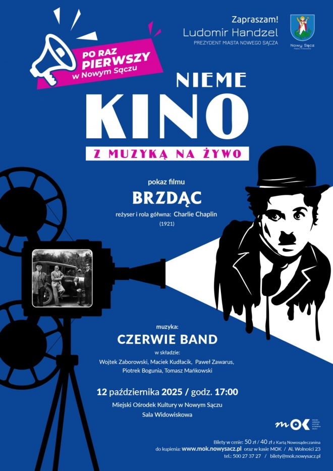 Plakat informujący o pokazie filmu "Brzdąc" oraz towarzyszącym mu koncercie