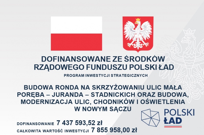 Tablica informująca o dofinansowaniu do budowy ronda na os. Poręba Mała
