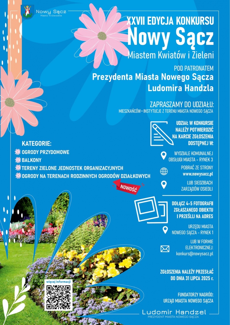 Plakat informujący o 27. edycji konkursu "Nowy Sącz Miastem Kwiatów i Zieleni"