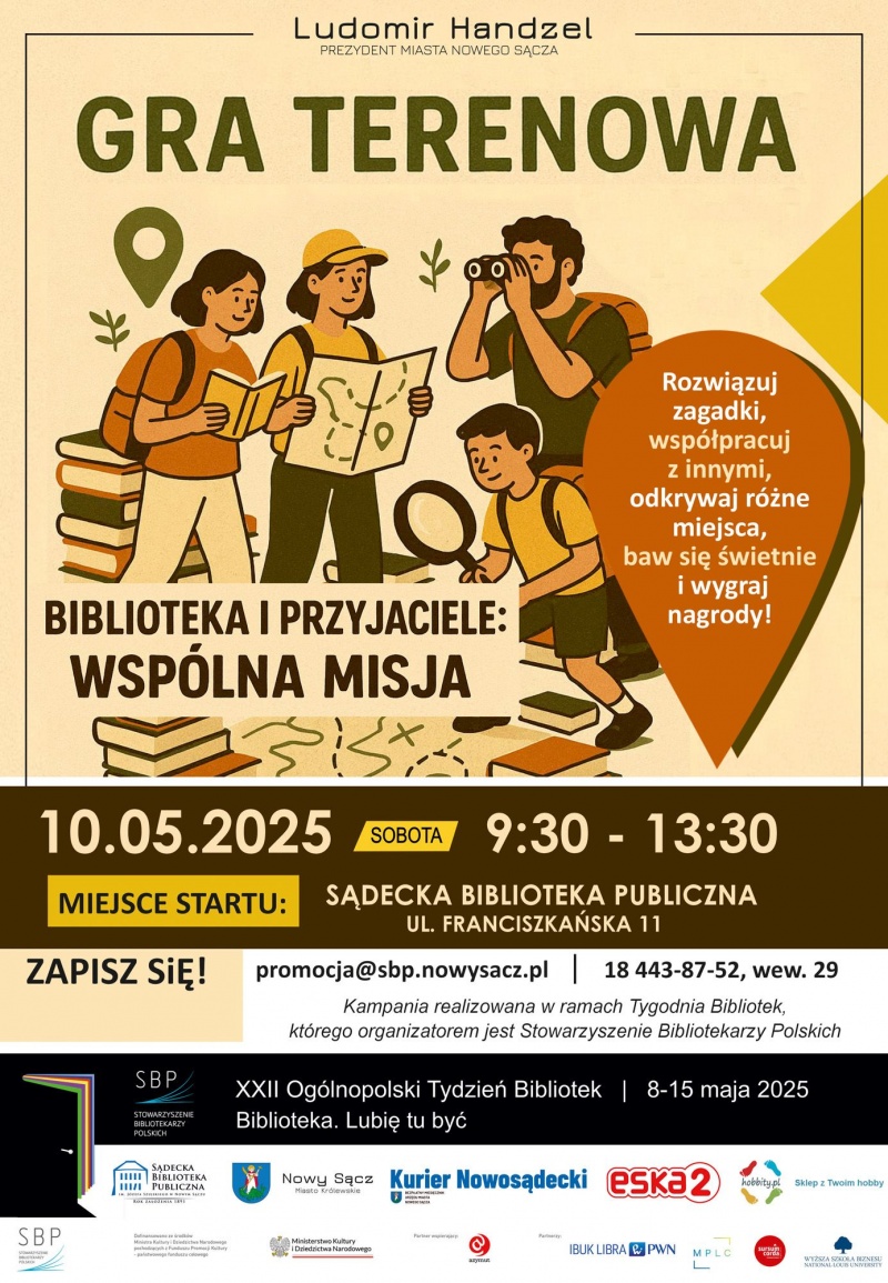 Plakat informujący o grze terenowej w Sądeckiej Bibliotece Publicznej