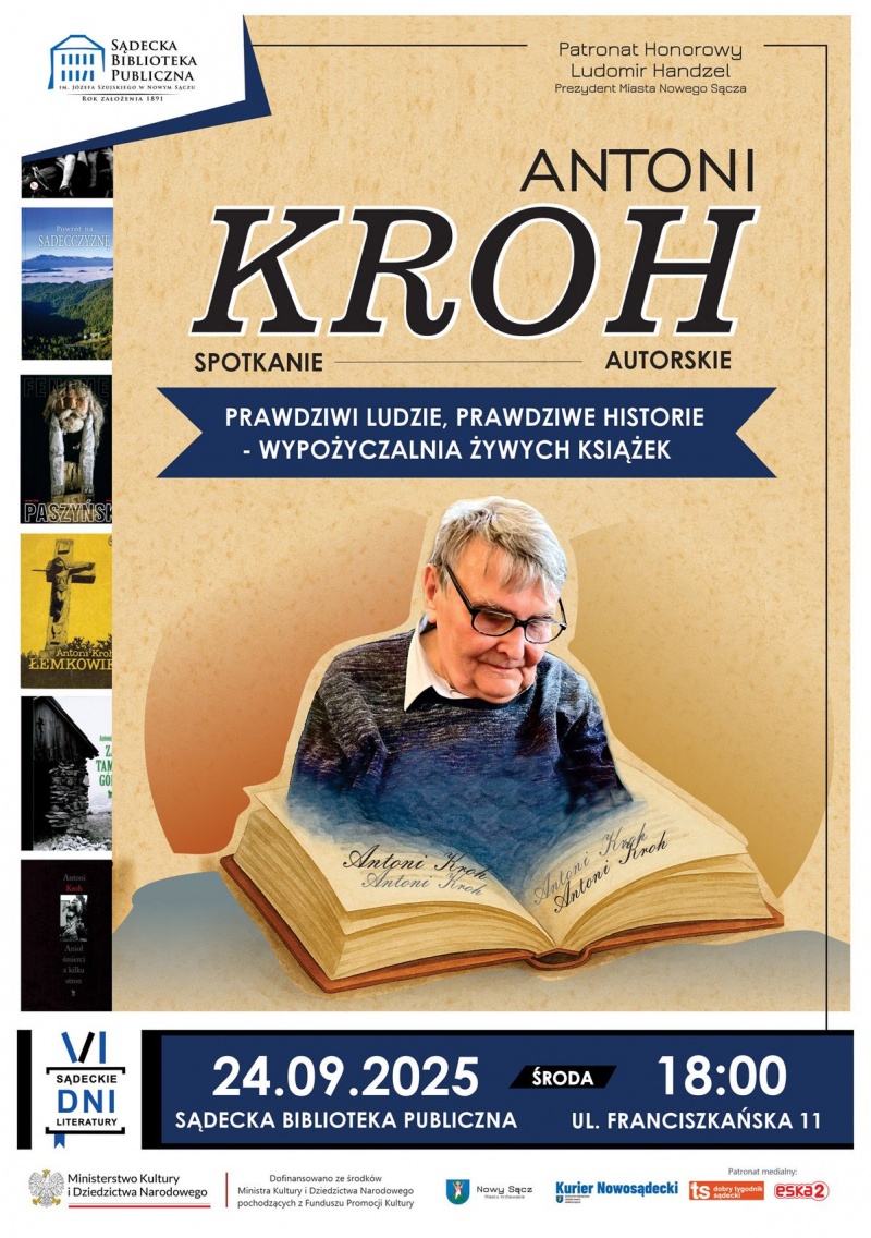 Plakat informujący o spotkaniu z Antonim Krohem w Sądeckiej Bibliotece Publicznej