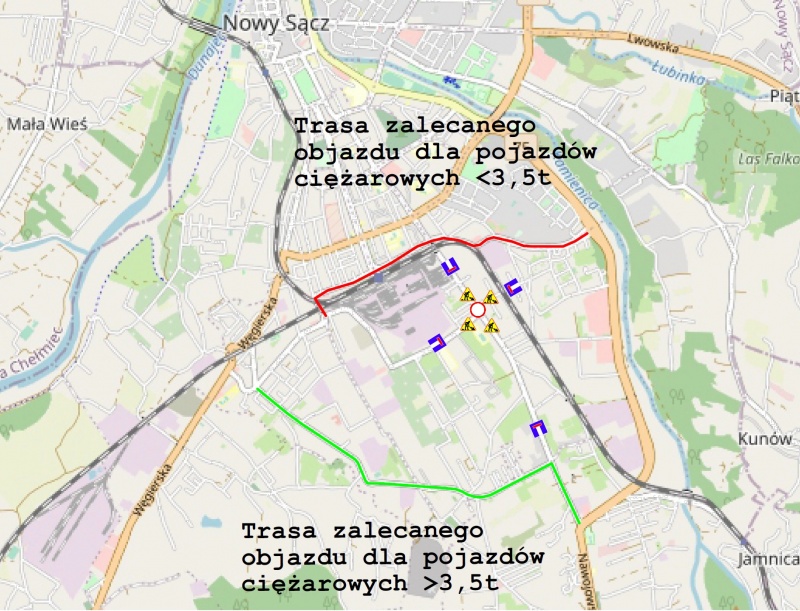 Mapa objazdów - ul. Nawojowska