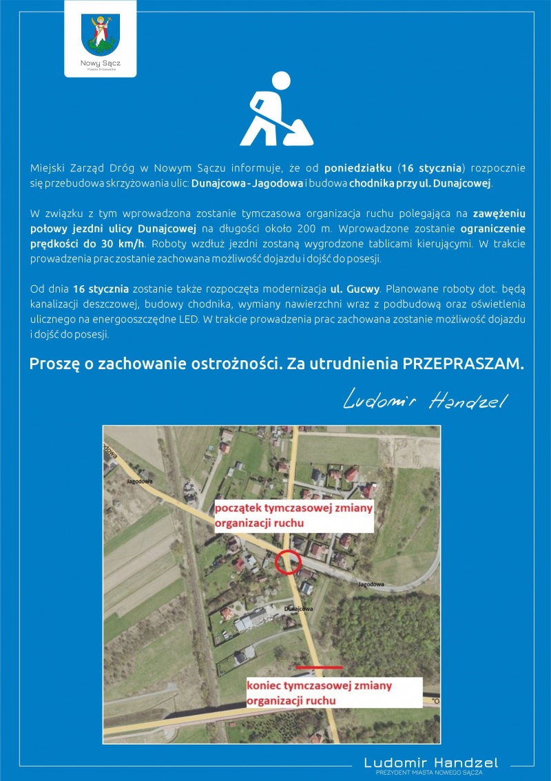informacja dotycząca zmiany organizacji ruchu na ul. Dunajcowej i na ul. Gucwy